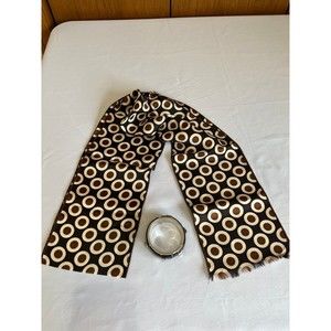 70s brown scarf with circles and brown and silver cuff bracelet